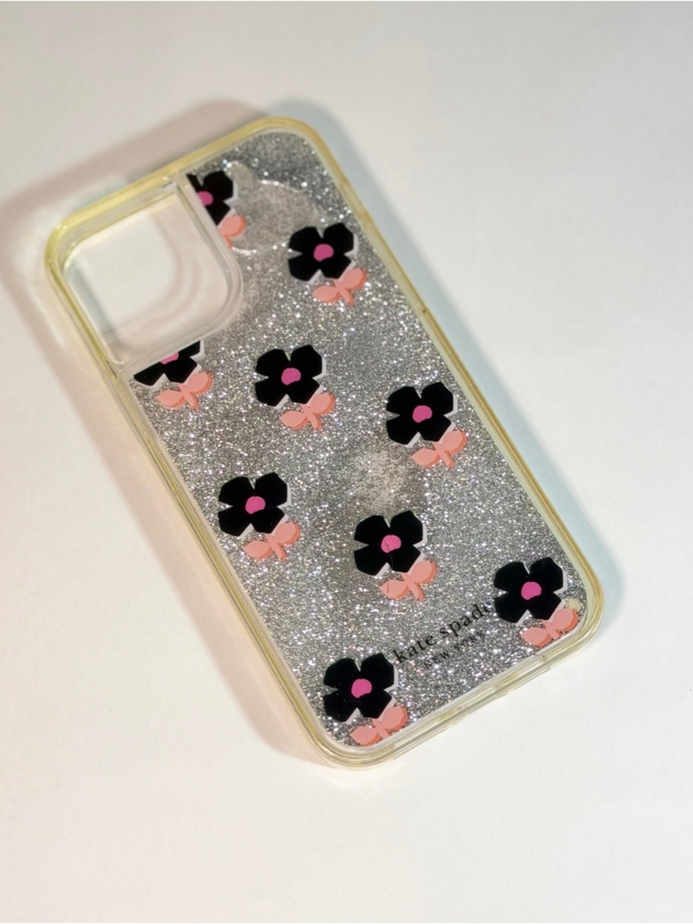 kate spade Silver Glitter Floral iPhone Case with Black & Pink Flowers